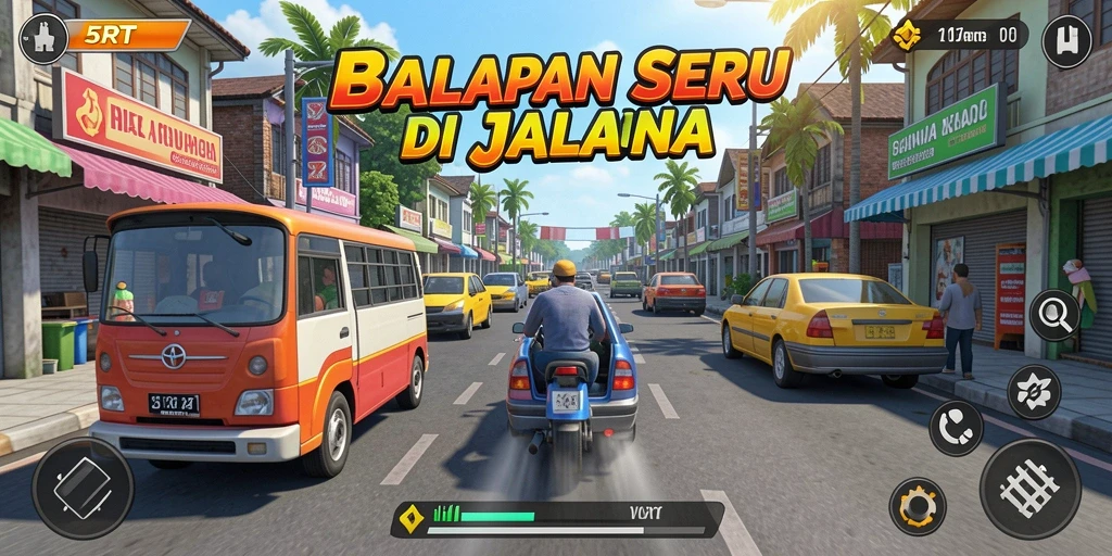 Screenshot gameplay dari 5RT menampilkan balapan seru di jalanan.