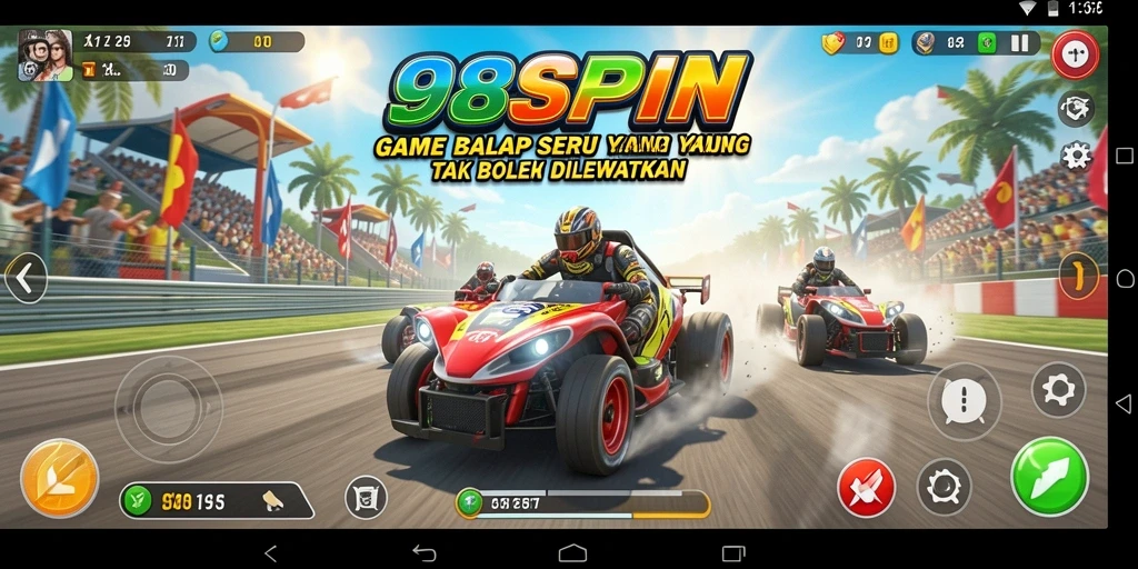 Screenshot gameplay 98SPIN menampilkan aksi balapan yang mendebarkan.