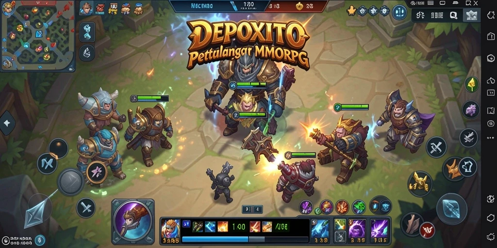 Screenshot gameplay DEPOXITO menampilkan pertempuran epik di dunia MMORPG.