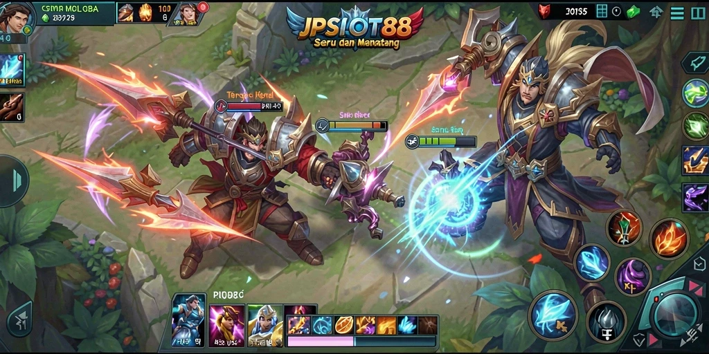 Screenshot utama JPSLOT88 menunjukkan aksi pertarungan seru dalam permainan MOBA.