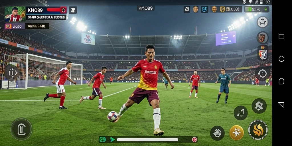 Screenshot gameplay KNO89 menampilkan aksi seru di lapangan sepak bola.