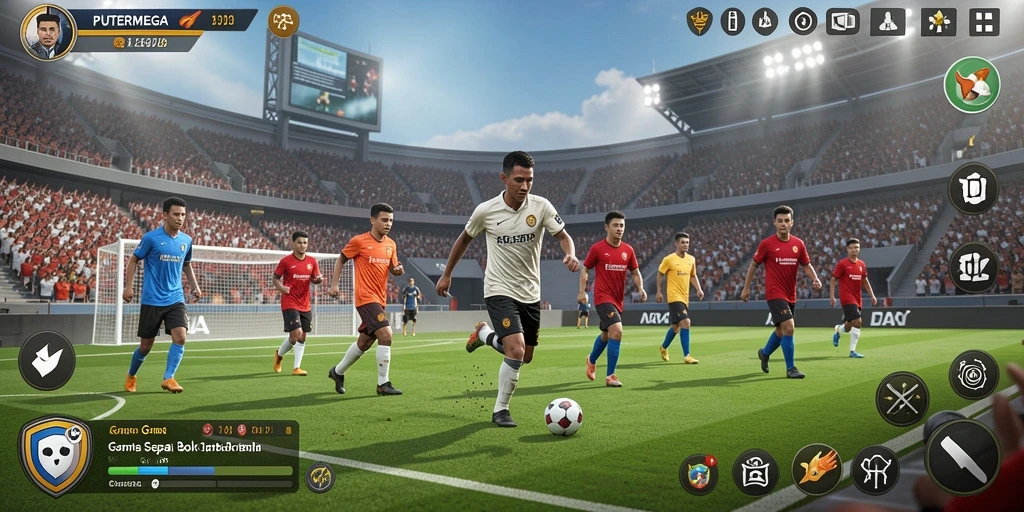 Screenshot utama PUTERMEGA menampilkan aksi seru di lapangan sepak bola.