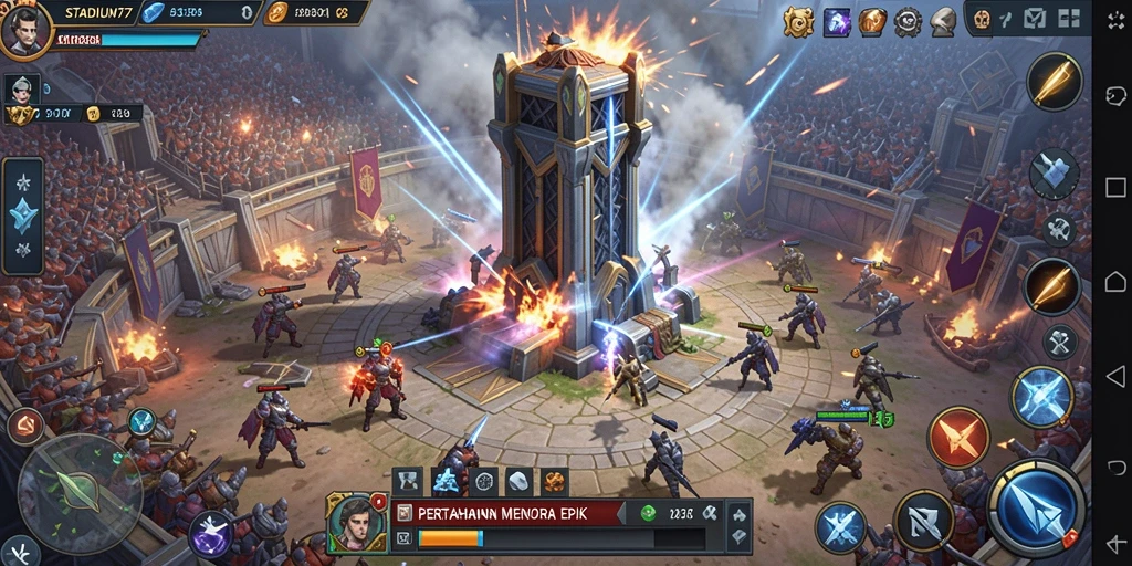 Tampilan gameplay menara pertahanan yang menarik dan penuh aksi.